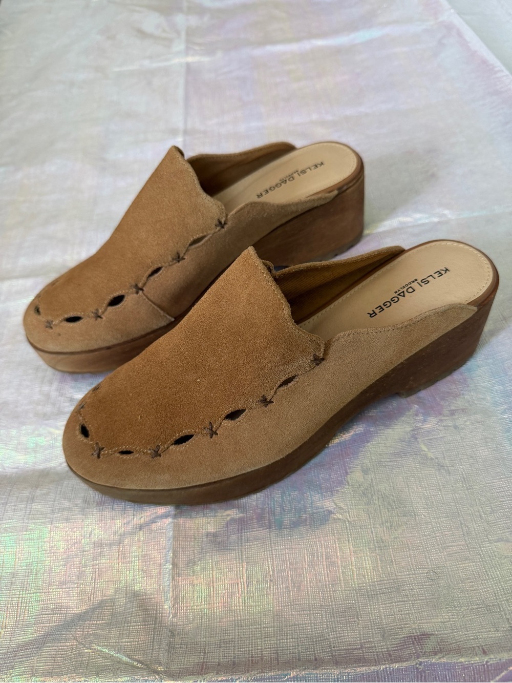 NEW Kelsi Dagger Camel Suede Platform Clog Mules